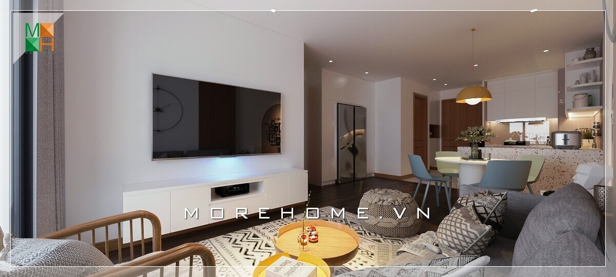 Thiết kế phòng khách chung cư ấn tượng với phong cách hiện đại trẻ trung và sinh động tạo nên một góc nhìn lôi cuốn. Thiết kế khách chung cư