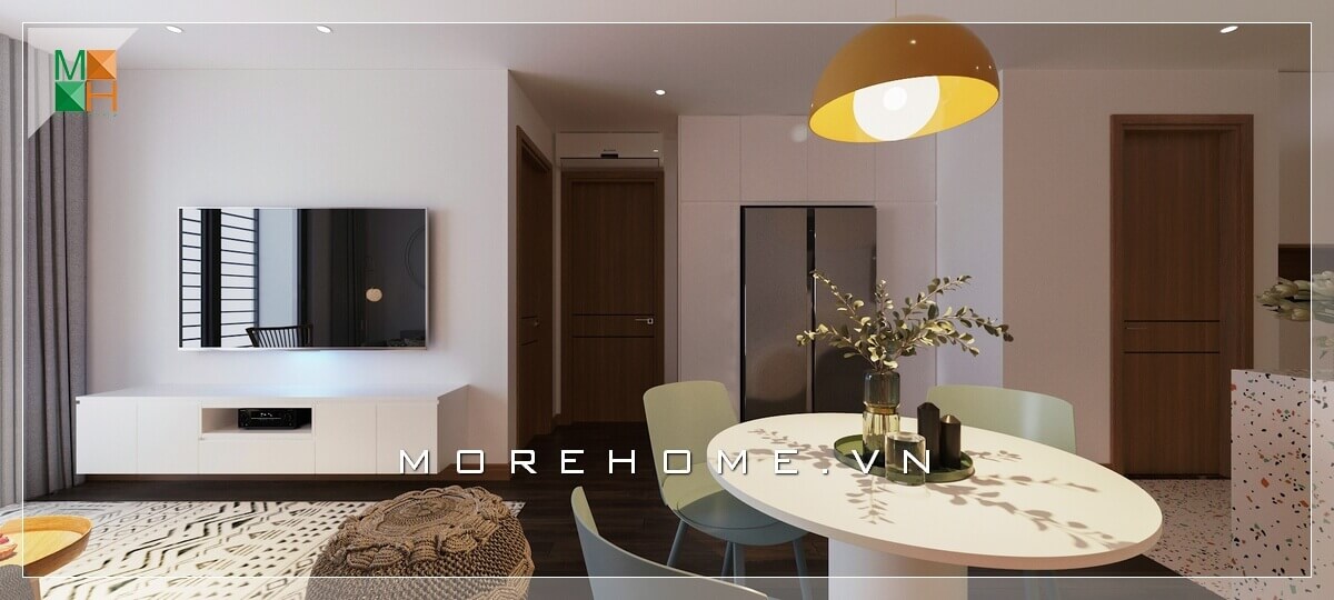 Sử dụng kệ ti vi phòng khách chung cư đơn giản, hiện đại kết hợp rèm cửa uyển chuyển góp phần tạo nên sự tinh tế và sang trọng cho phòng khách. Thiết kế khách chung cư