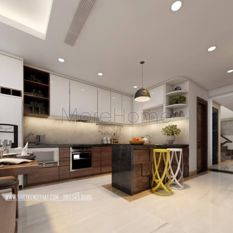 Mẫu tủ bếp hiện đại gỗ công nghiệp với tông màu nâu trăng cho không gian ấm cứng của gia đình Nội thất phòng bếp