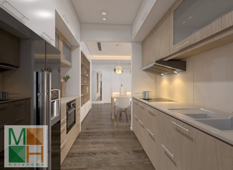 Thiết kế phòng bếp chung cư đẹp với hệ tủ bếp gỗ công nghiệp hiện đại,thông minh Nội thất phòng bếp