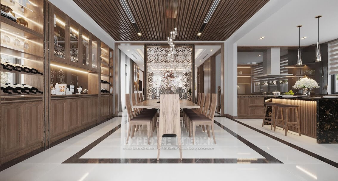 Mẫu thiết kế nội thất phòng bếp biệt thự đẹp với tông màu gỗ óc chó cuốn hút mọi ánh nhìn Nội thất phòng bếp