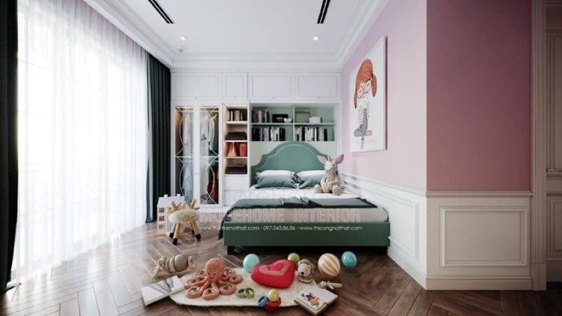 Giường ngủ bọc nệm màu xanh đẹp đáng yêu cho phòng bé gái. thiết kế nội thất chung cư