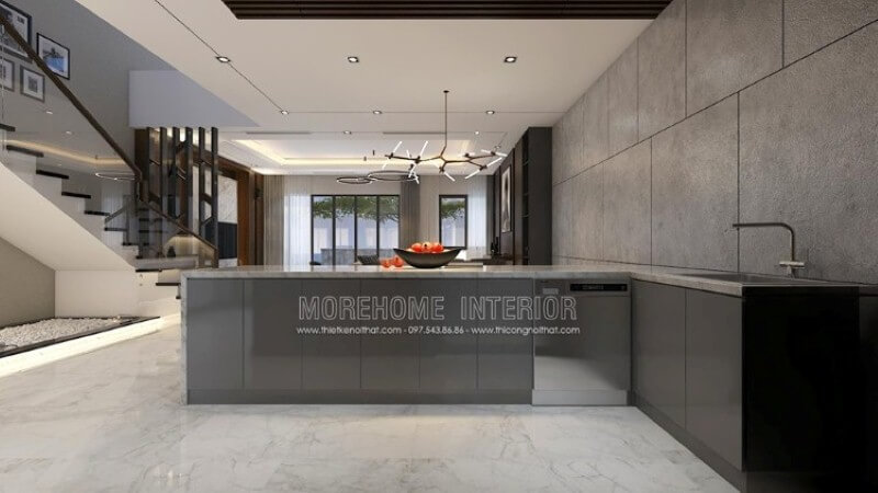 Xu hướng bố trí nội thất bàn đảo bếp tách riêng với phòng bếp tuy mới lạ nhưng khá tiện nghi khoa học sẽ phù hợp với không ít không gian hiện đại như nhà phố biệt thự. Đá ốp bàn đảo bếp biệt thự