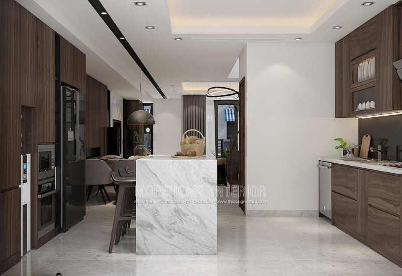 Bàn đảo bếp đá vân mây đẹp tạo nên điểm nhấn ấn tượng cho không gian bếp. Đá ốp bàn đảo bếp biệt thự