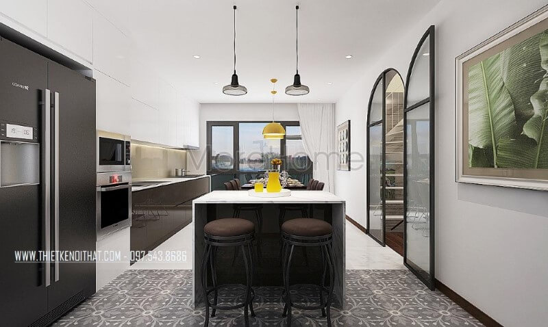 Bàn đảo bếp hiện đại sử dụng đá ốp vân mây tuyệt đẹp cùng 2 chiếc ghế đơn đẹp mắt giúp bạn có thể làm mọi thứ hữu ích cùng với đó vị trí bố trí cạnh tủ lạnh giúp bạn thuận tiện cho việc nấu ăn. Đá ốp bàn đảo bếp biệt thự