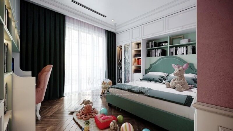 Bố trí nội thất phòng ngủ bé gái ấn tượng với bố trí giường ngủ, kệ tủ trang trí khoa học giúp không gian thông thoáng tối đa nhưng vẫn đảm bảo công năng, tính thẩm mỹ. Mẫu thiết kế nội thất chung cư đẹp