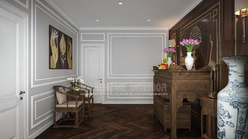 Thiết kế nội thất phòng thờ đẹp, trang trọng hợp phong thủy từ nội thất gỗ óc chó cao cấp. Mẫu thiết kế nội thất chung cư đẹp