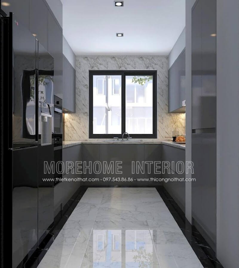 Xu hướng trang trí phòng bếp đẹp theo phong cách hiện đại sử dụng đá lớn ốp tường đang trở thành trào lưu vừa tăng tính thẩm mỹ mà còn giúp phòng bếp luôn được như mới. Hiện nay bạn còn có thể sử dụng đá uốn cong từ mặt bàn bếp và tường bếp để tạo sự liền mạch không một vết nối từ các dòng đá cao cấp như đá LG chuyên được thi công bởi Morestone. Mẫu thiết kế nội thất chung cư đẹp