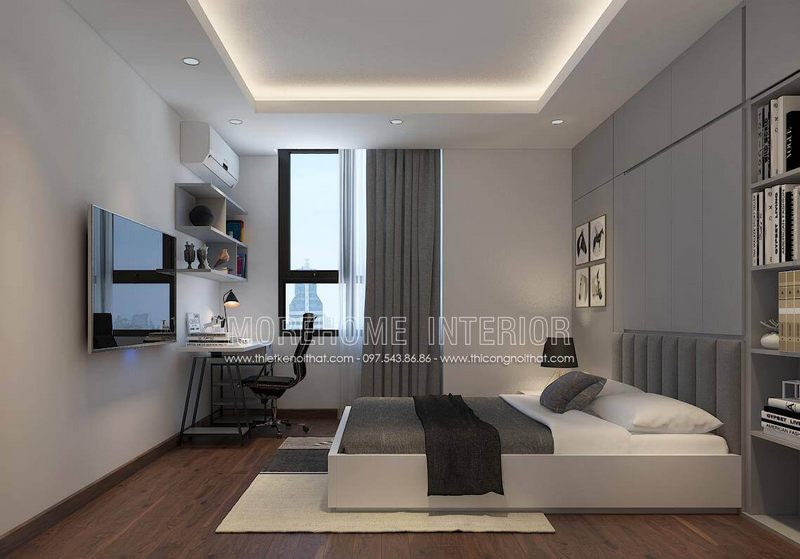 Giường ngủ gỗ công nghiệp phủ sơn trắng với đầu giường bọc nỉ sang trọng