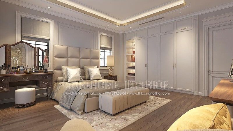 Giường ngủ hiện đại bọc da cao cấp với tone màu be chủ đạo với ưu điểm dễ dàng kết hợp với nội thất khác nhằm tạo sự sang trọng và liền mạch hơn cho căn phòng