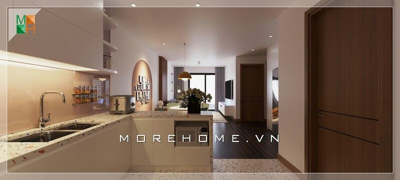 Với những ngôi nhà chung cư có diện tích khiêm tốn thì đây là mẫu thiết kế bếp phù hợp, dù thiết kế khá đơn giản nhưng vẫn đảm bảo tính tiện nghi.