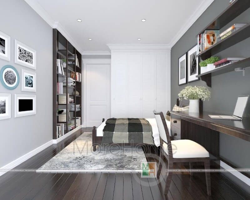 Bàn làm việc được thiết kế sáng tạo đặt ngay đầu giường kết hợp với kệ tủ đựng đồ tạo sự thuận tiện hơn cho người sử dụng