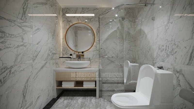 Một món đồ nội thất không thể thiếu trong nhà tắm đó là gương. Trên đây là mẫu gương tròn với viền gắn đèn phát sáng đơn giản mà tinh tế