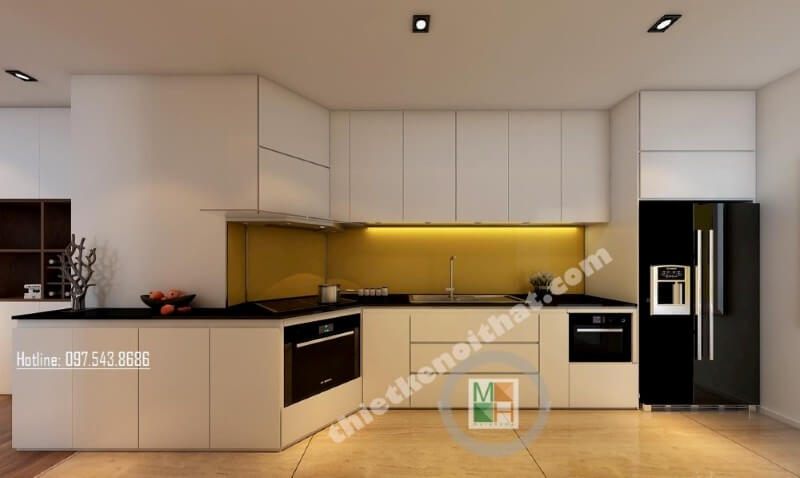 Lựa chọn 2 tone màu đen và trắng đóng vai trò chủ đạo, mẫu thiết kế nội thất phòng bếp chung cư mang lại cảm giác sang trọng và tinh tế hơn bao giờ hết