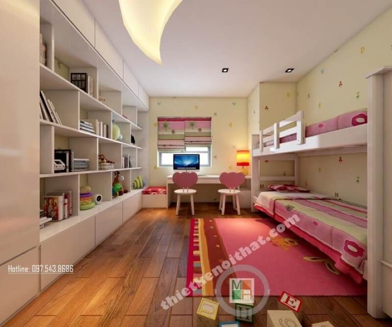 Bàn học được thiết kế ngay tại khu vực cửa sổ căn phòng giúp cho con bạn học bài tập trung hơn