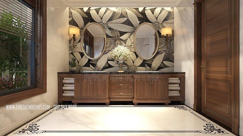 Trang trí sảnh phòng tắm biệt thự đẹp với tủ lavabo gỗ óc chó tự nhiên, tân cổ điển