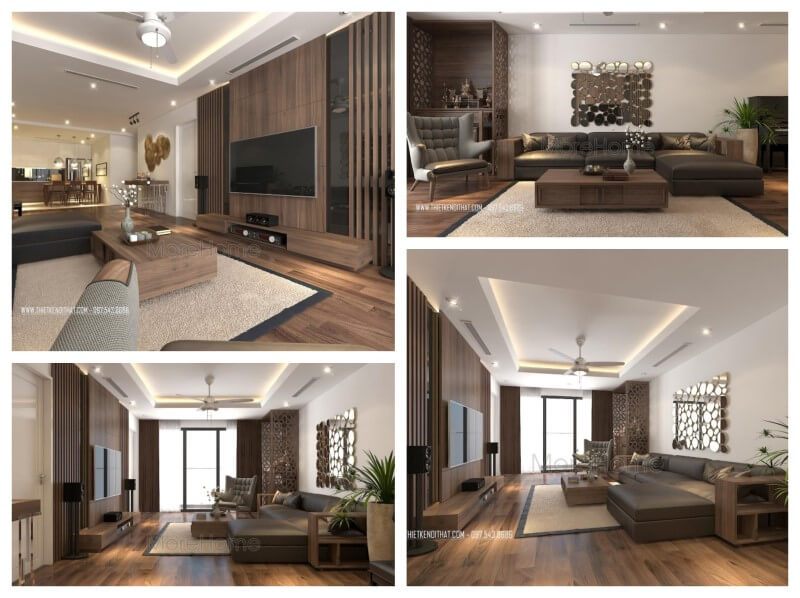 Bộ bàn ghế sofa gỗ óc chó bọc da cao cấp góc L sang trọng cho căn hộ chung cư Imperia Garden Hà Nội