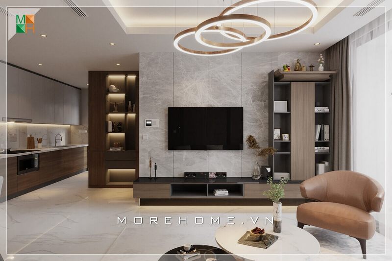 Thiết kế ốp vách tivi bằng đá nhân tạo vân xám sang trọng mang lại vẻ đẹp hiện đại, cao cấp cho không gian phòng khách