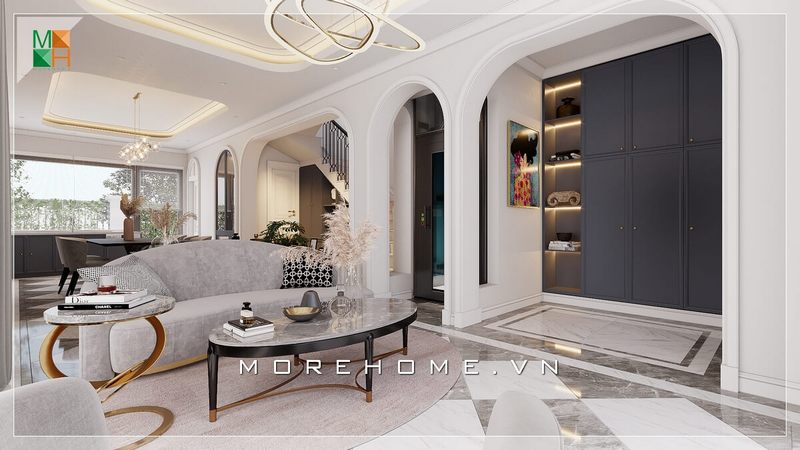Mẫu phòng khách với nội thất thiết kế ấn tượng, phá cách với những đường nét uốn lượn mềm mại, phù hợp với không gian kiến trúc tân cổ điển