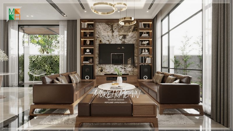 Bàn trà hình tròn với kiểu dáng thiết kế đơn giản nhưng lại cuốn hút và đóng vai trò là điểm nhấn giúp không gian sống thêm nổi bật.