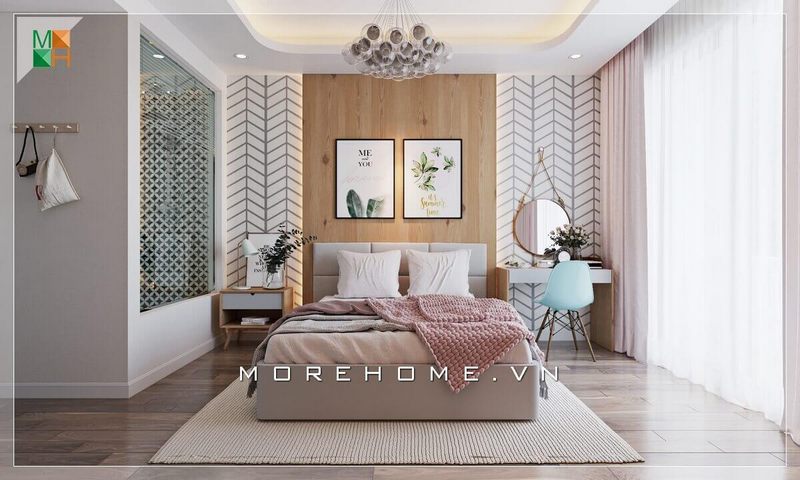 Mẫu gương tròn treo được chủ nhà sử dụng để làm gương bàn trang điểm rất đẹp mắt và sang trọng.